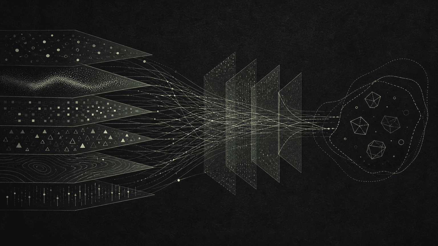 Abstract evidence streams narrowing into a provisional candidate constellation